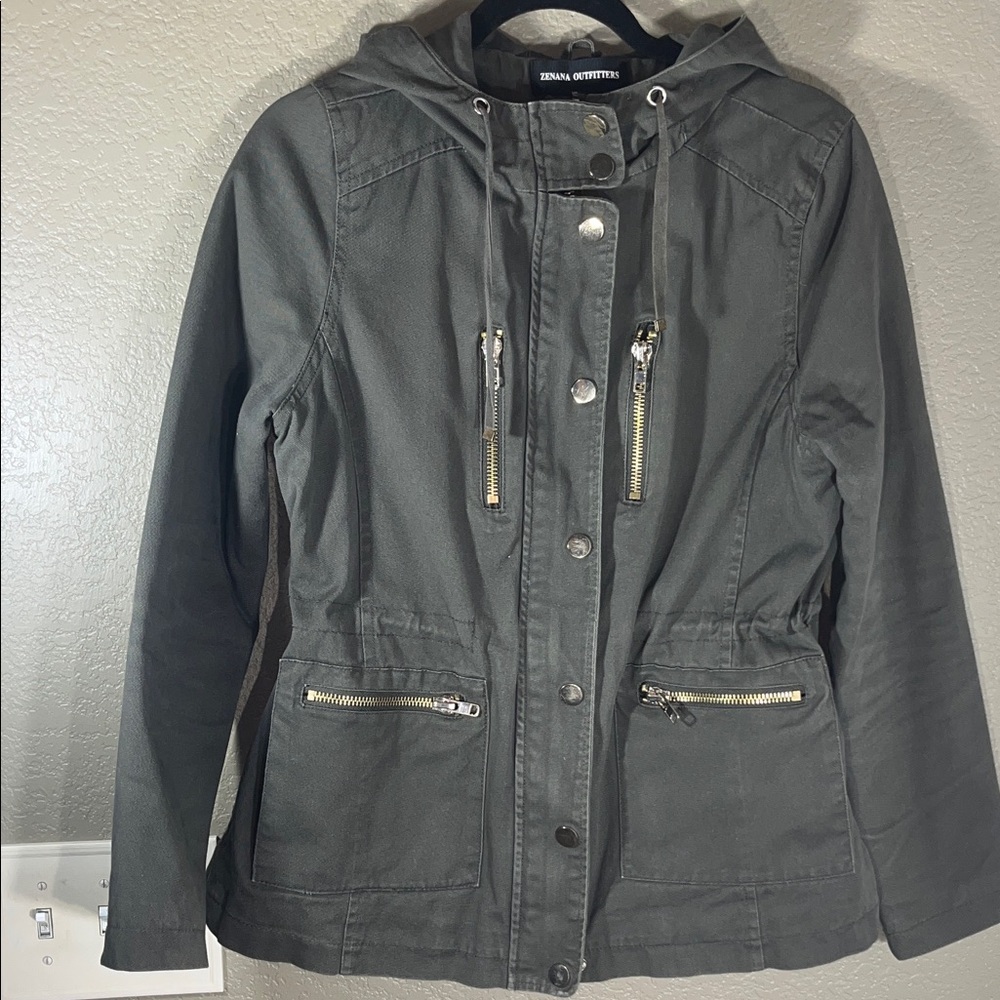 Army Green Denim Military Style Coat Waist Cinch Hooded Jr L